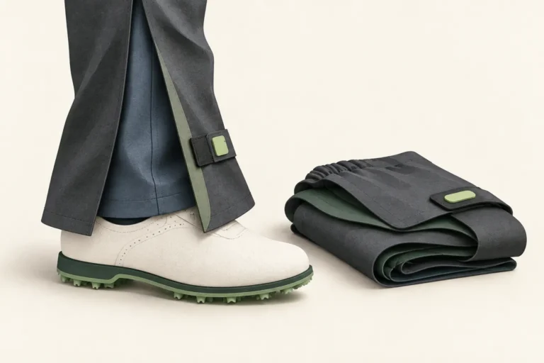 AI-generated conceptual illustration of rain-trouser layers over an empty golf shoe beside folded overtrousers; not exact product photographs.