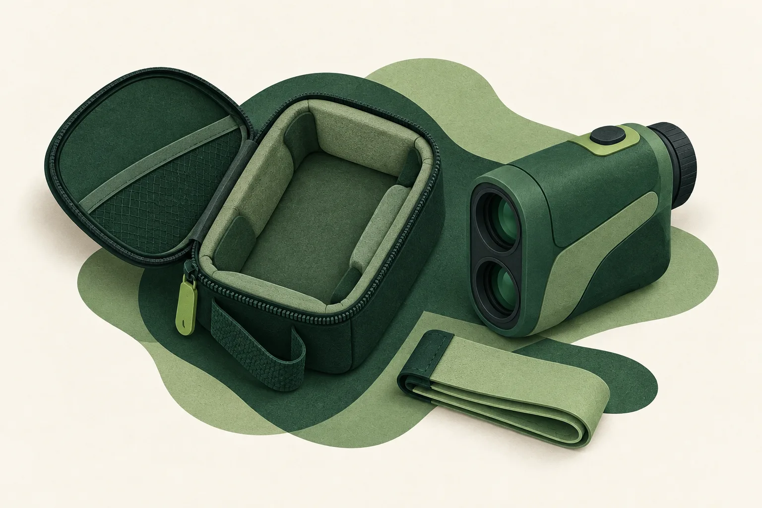 Open generic pouch beside a rangefinder and folded measuring strip in cut-paper style