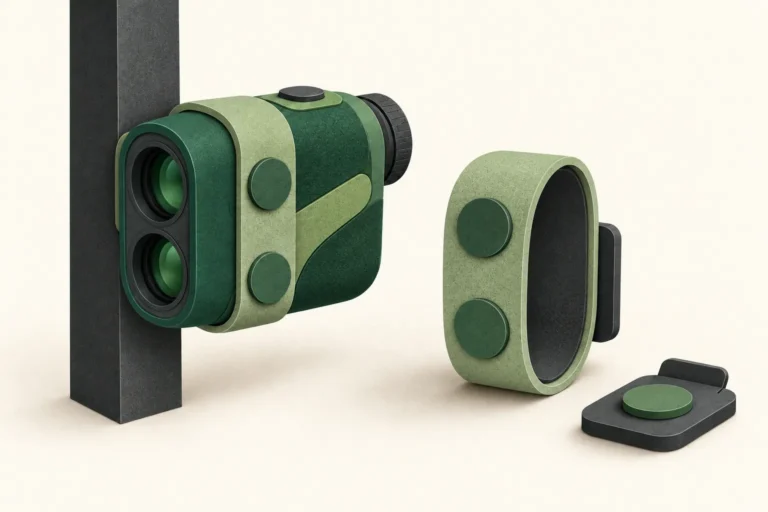 Generic wrapped rangefinder beside a cart frame, empty wrap and separate adapter in cut-paper style