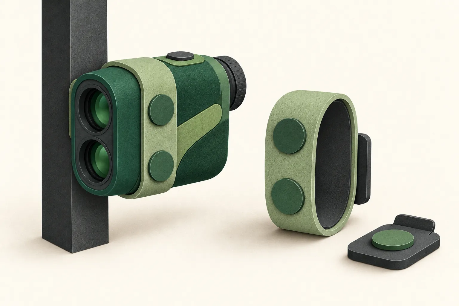 Generic wrapped rangefinder beside a cart frame, empty wrap and separate adapter in cut-paper style