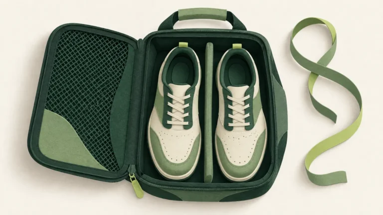 AI-generated conceptual illustration of an open shoe carrier with two golf shoes, a divider and mesh panel; not exact product photographs.