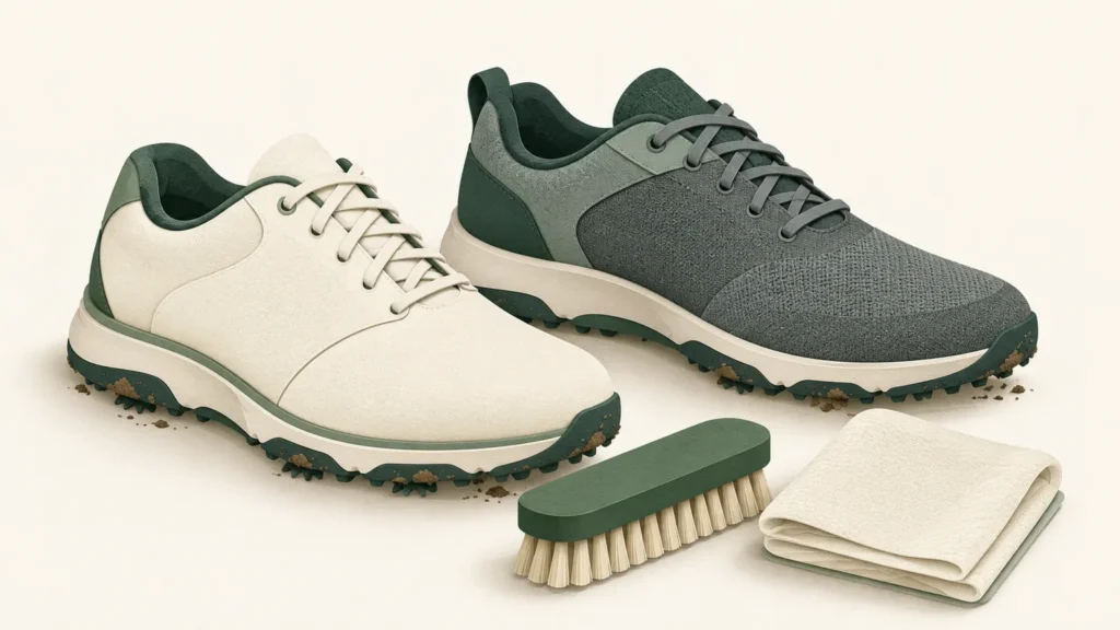 AI-generated conceptual illustration of smooth and textile golf shoes beside a soft brush and cloth; not exact product photographs.